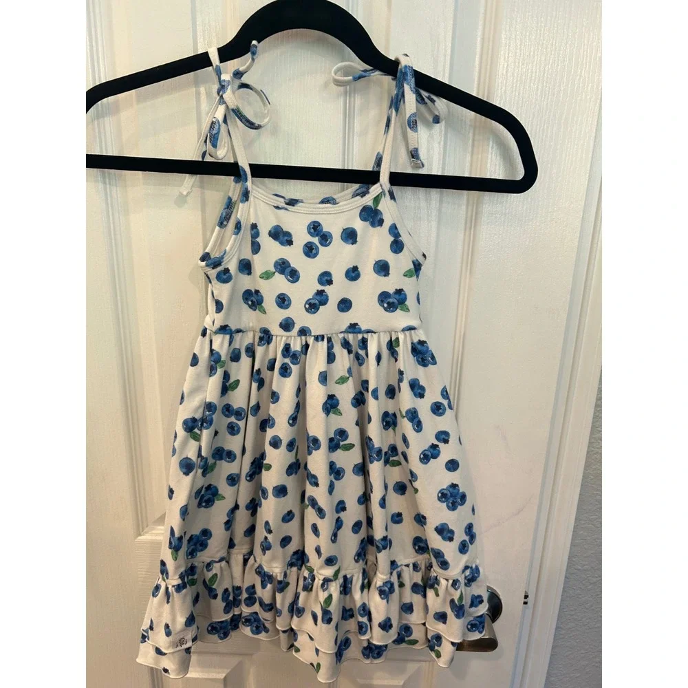 Boutique Blueberry Print Sundress White Blue Tie Shoulder Ruffle Hem Dress Bin A